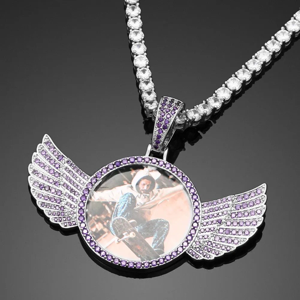 Brand New Purple Stone Wing Photo Medallion Necklace- Personalized Photo Medallion Necklace With Custom Words, Name, Date