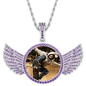 Brand New Purple Stone Wing Photo Medallion Necklace- Personalized Photo Medallion Necklace With Custom Words, Name, Date