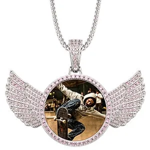 Brand New Purple Stone Wing Photo Medallion Necklace- Personalized Photo Medallion Necklace With Custom Words, Name, Date