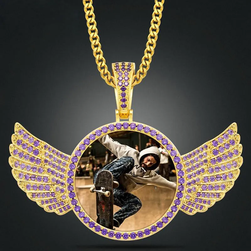 Brand New Purple Stone Wing Photo Medallion Necklace- Personalized Photo Medallion Necklace With Custom Words, Name, Date