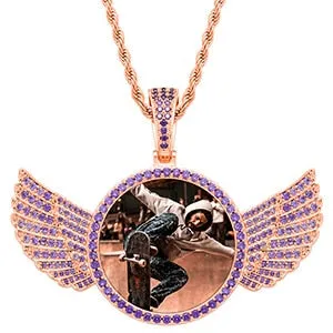 Brand New Purple Stone Wing Photo Medallion Necklace- Personalized Photo Medallion Necklace With Custom Words, Name, Date