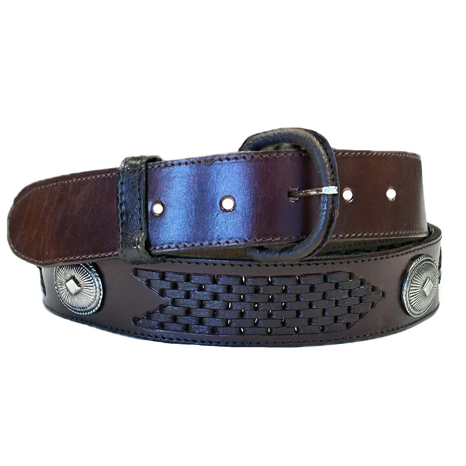 Brown Leather Western Belt with Lacing & Conchos - SPECIAL PRICE