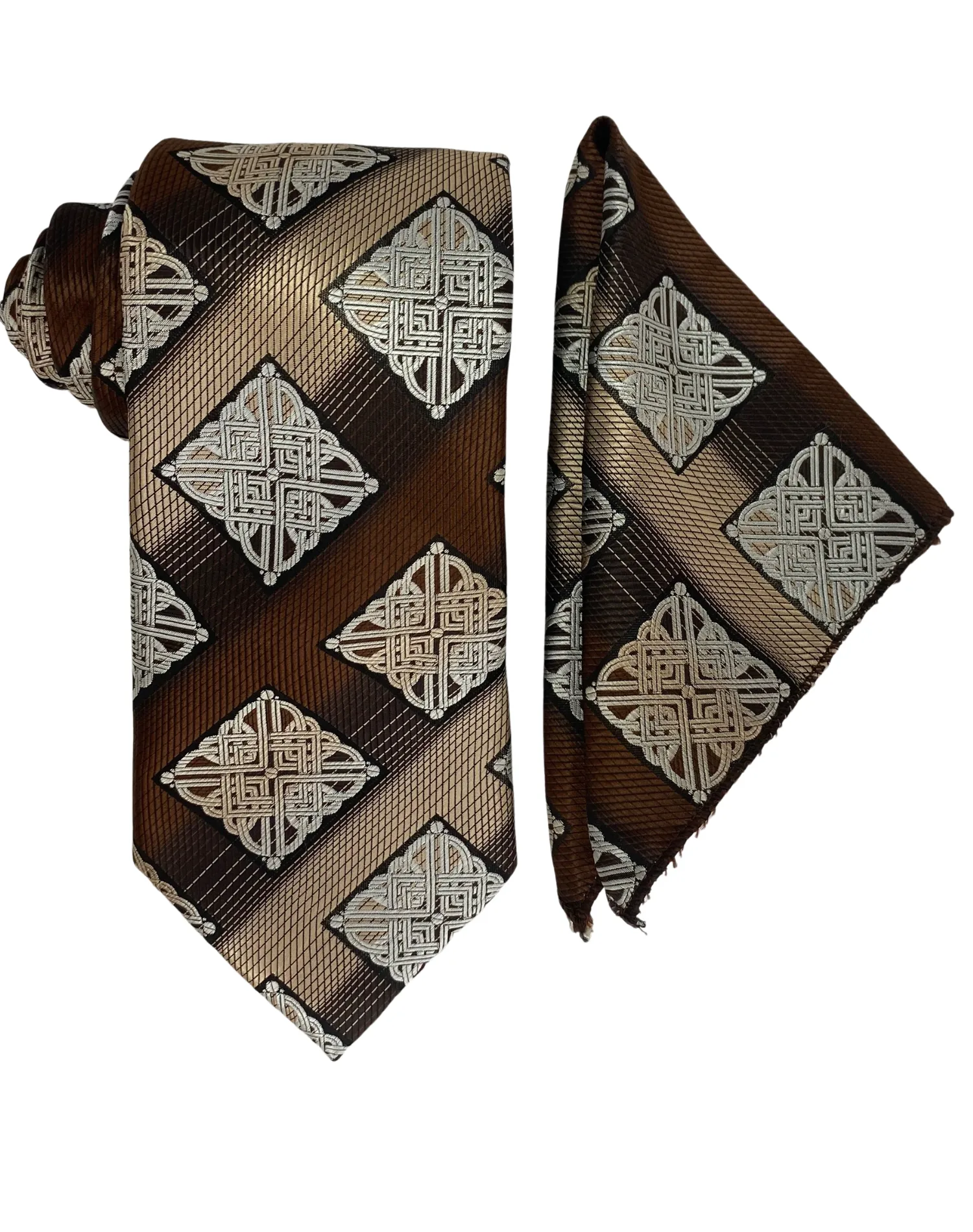 Bruno Conte Geometric Medallion Tie and Handkerchief - Brown & Tan