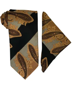 Bruno Conte Paisley Tie and Handkerchief - Black & Gold