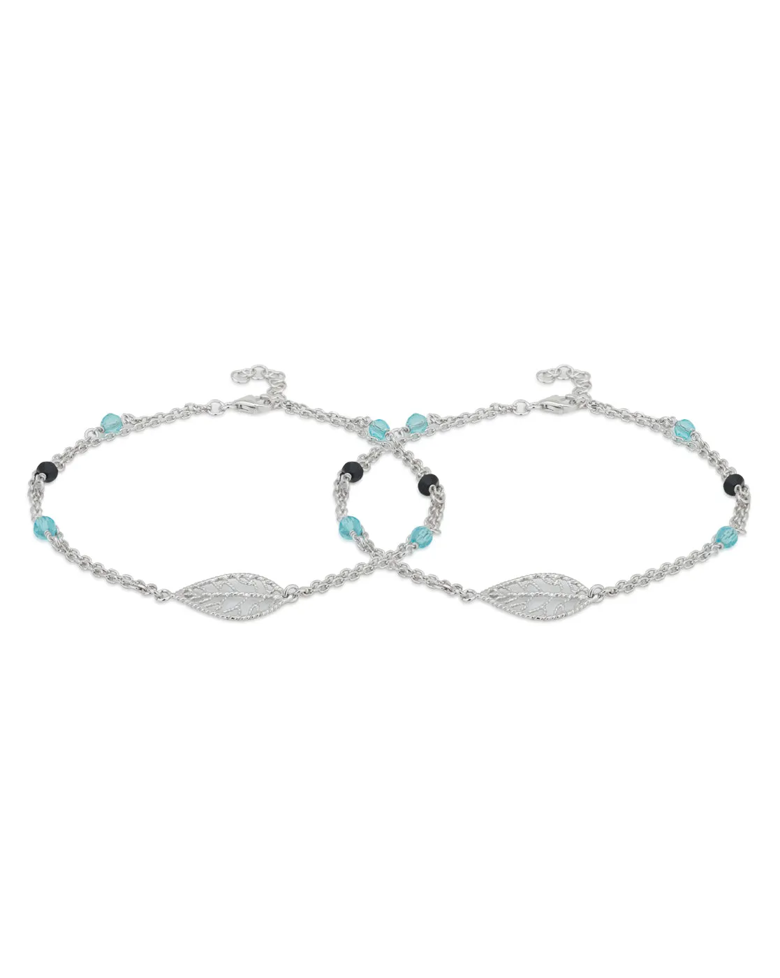 Carlton London -Set Of 2 Rhodium-Plated Silver Toned Black & Blue Beaded Leaf Shape Layered Anklets For Women