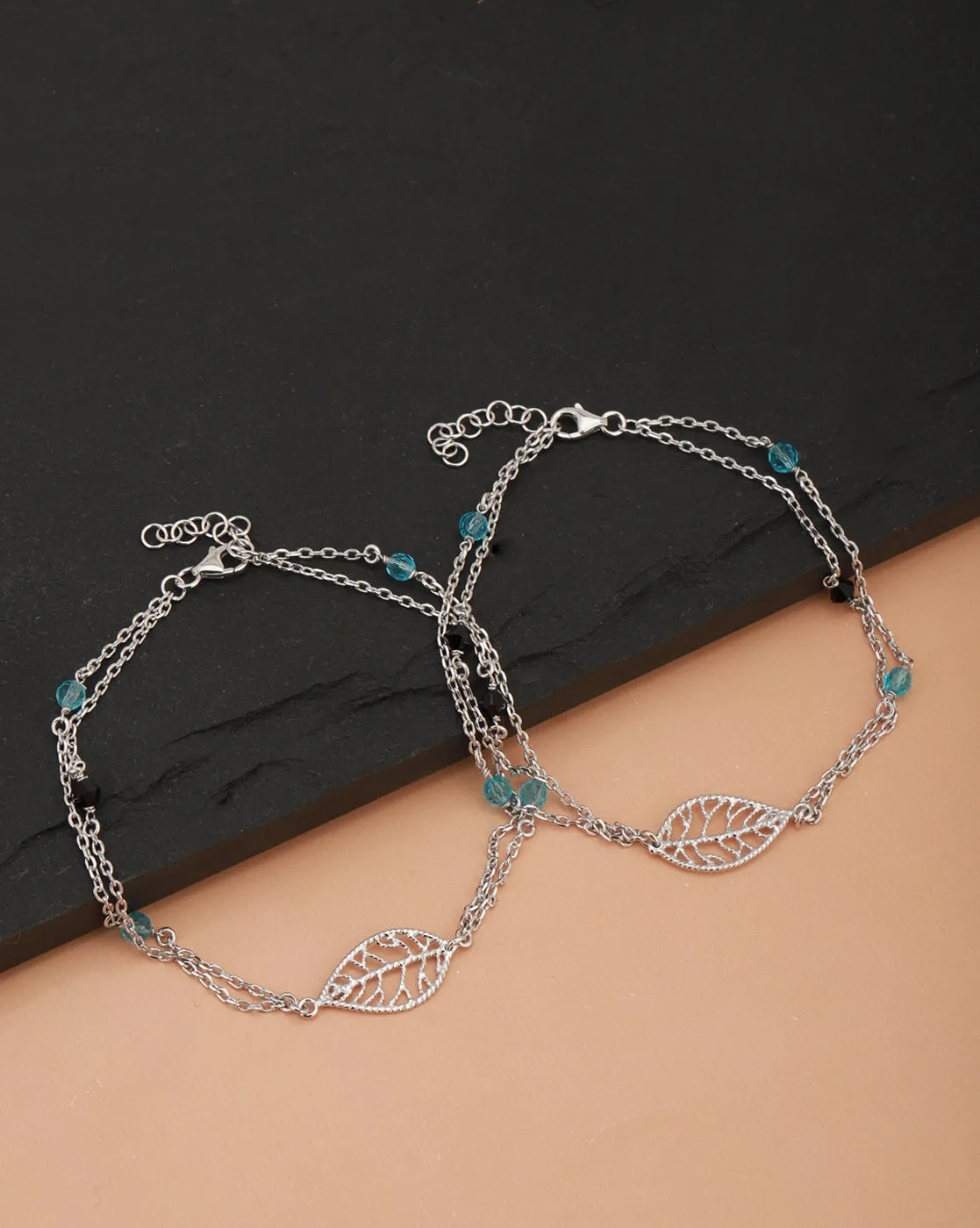 Carlton London -Set Of 2 Rhodium-Plated Silver Toned Black & Blue Beaded Leaf Shape Layered Anklets For Women