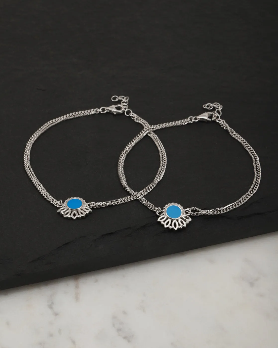 Carlton London -Set Of 2 Rhodium-Plated Silver Toned Dual Stranded Blue Enamel Anklets For Women