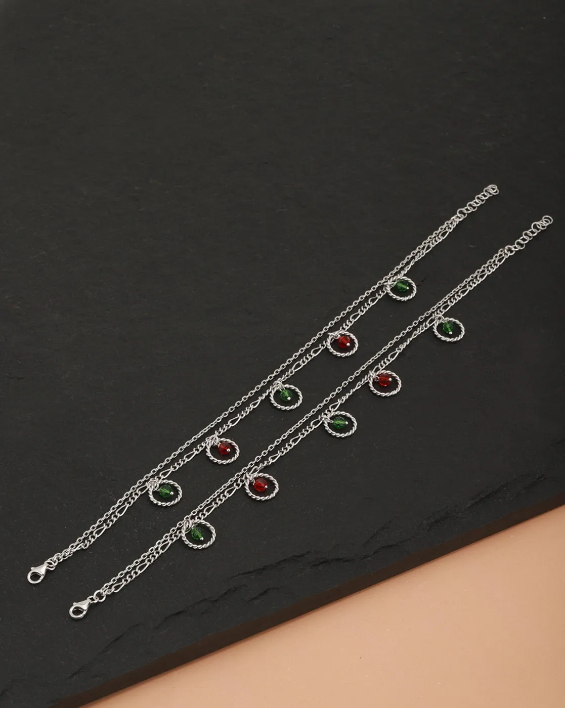 Carlton London -Set Of 2 Rhodium-Plated Silver Toned Green & Red Beaded Layered Anklets For Women