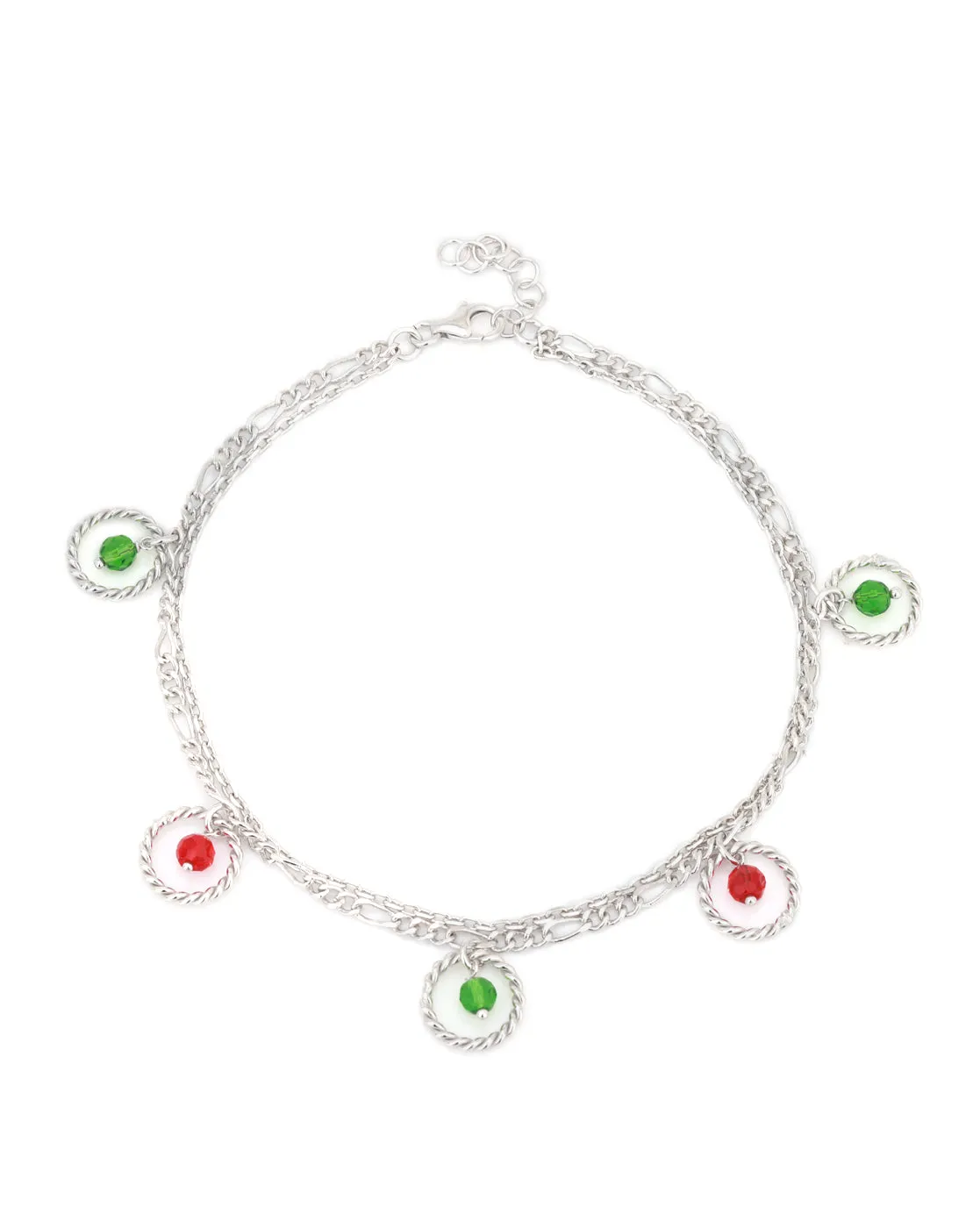 Carlton London -Set Of 2 Rhodium-Plated Silver Toned Green & Red Beaded Layered Anklets For Women