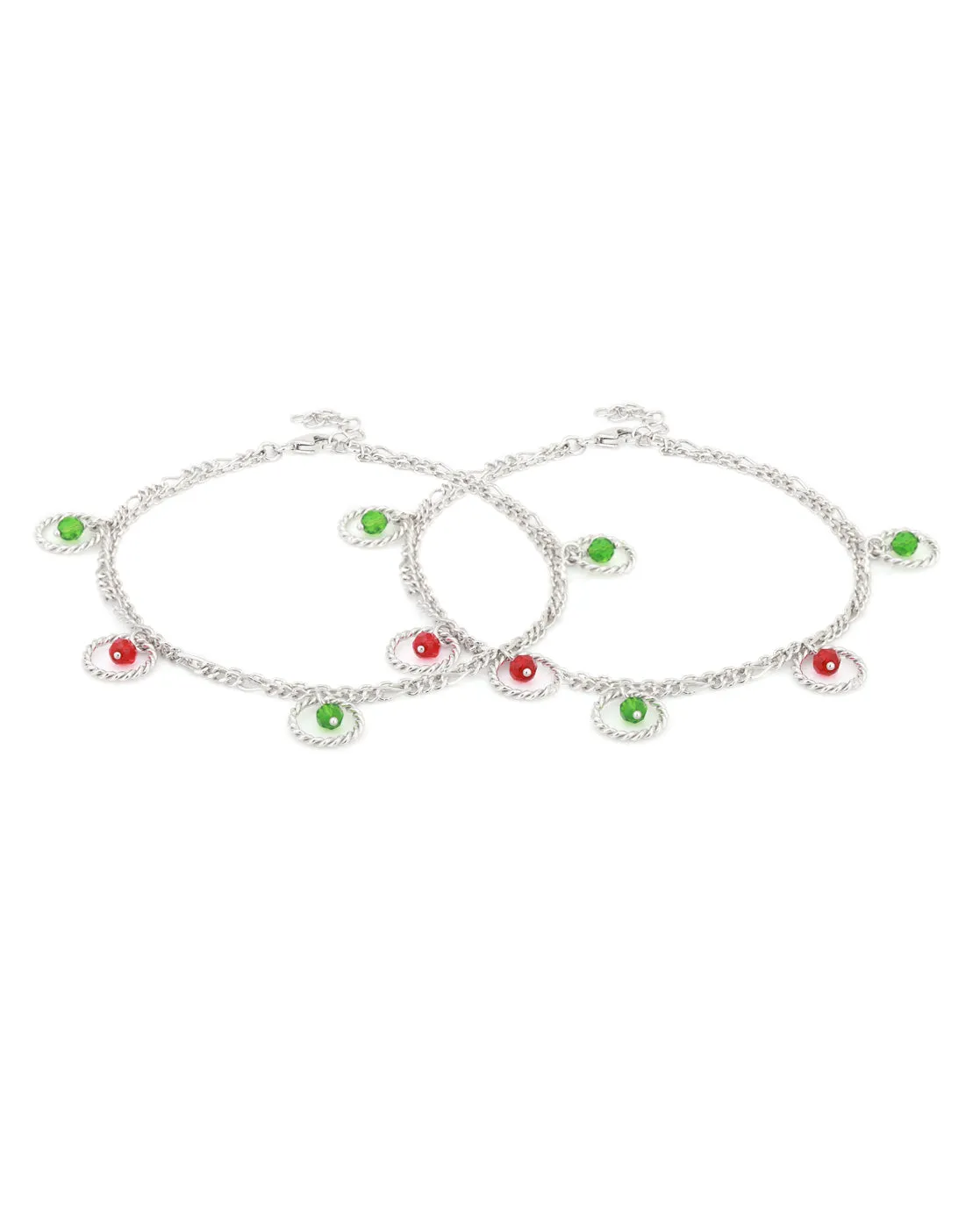 Carlton London -Set Of 2 Rhodium-Plated Silver Toned Green & Red Beaded Layered Anklets For Women