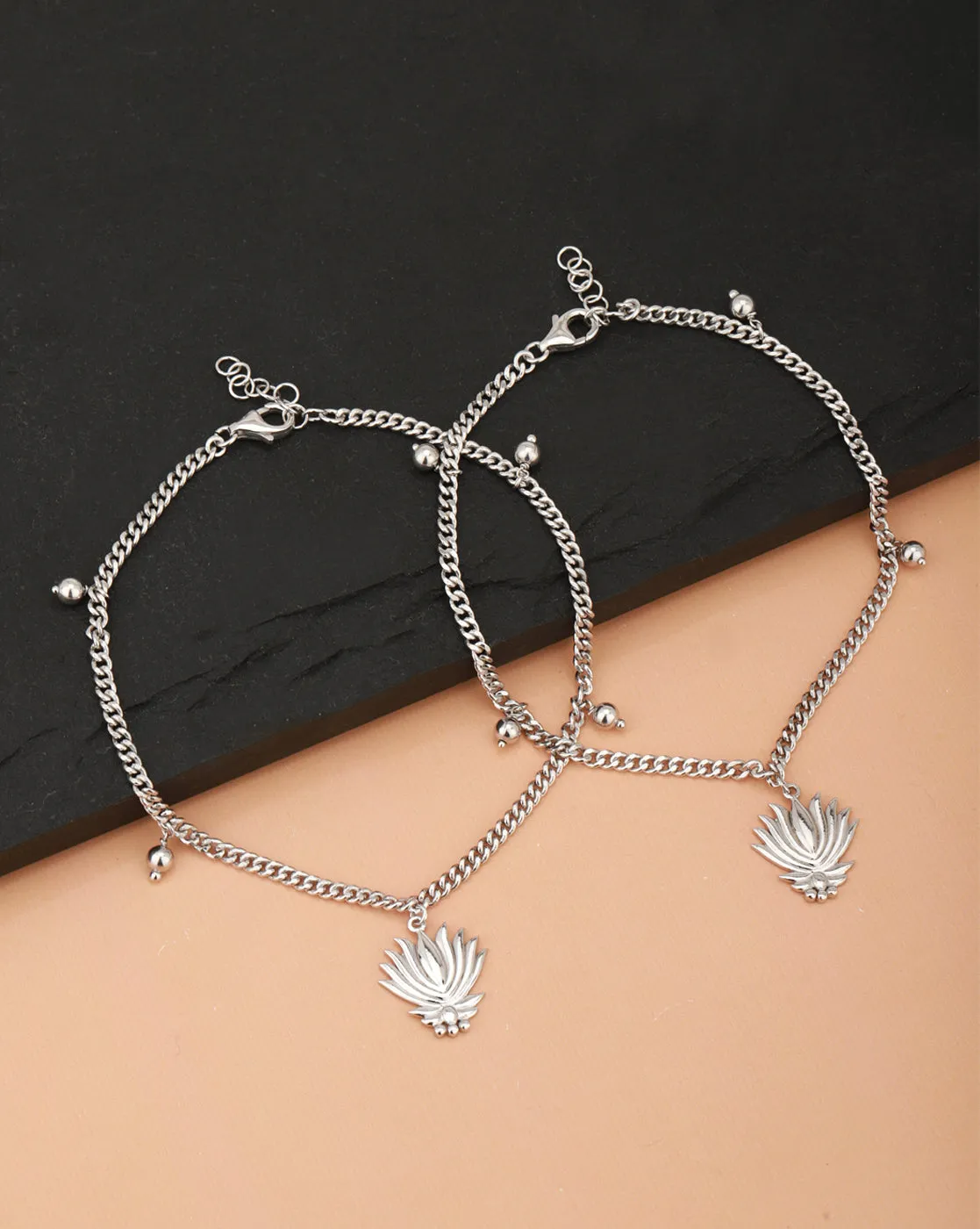 Carlton London -Set Of 2 Rhodium-Plated Silver Toned Lotus Shape Silver Beaded Anklets For Women