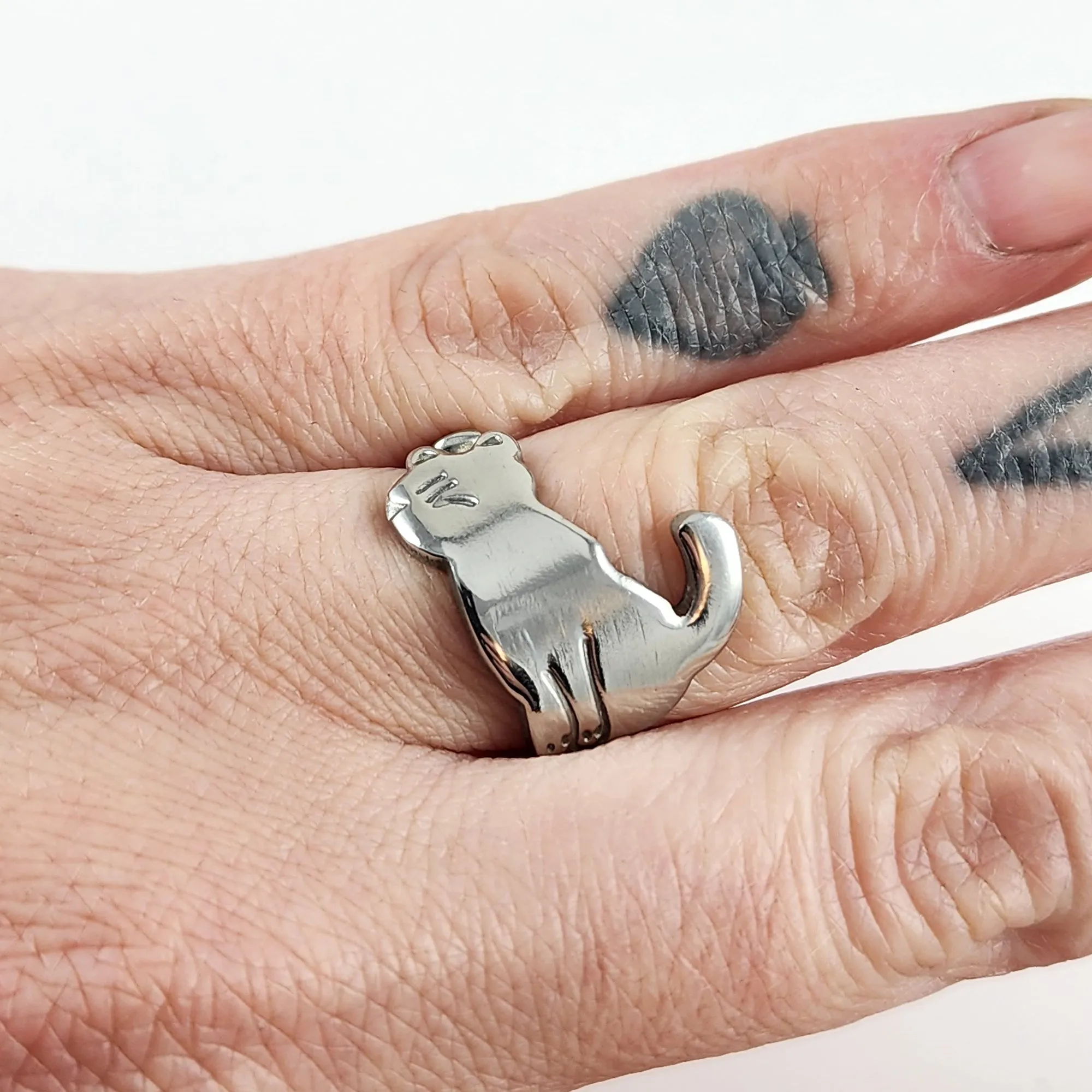 Cat Silhouette Tail Up Stainless Steel Spoon Ring