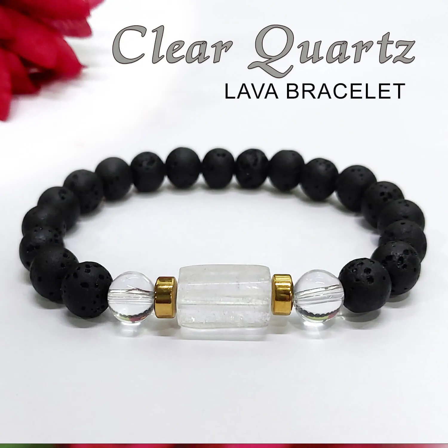 Clear Quartz Tumble Bracelet With Lava Stone And Golden Hematite