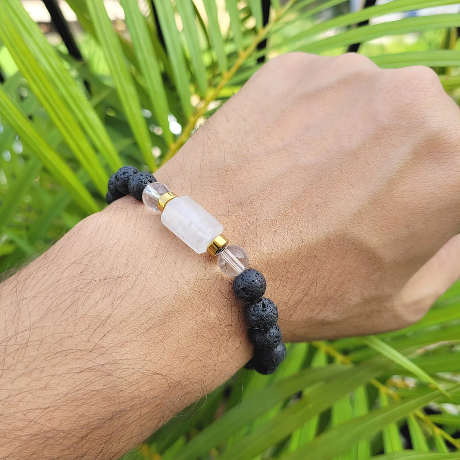 Clear Quartz Tumble Bracelet With Lava Stone And Golden Hematite