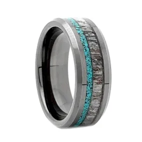 Comfort Fit 8mm Black High-Tech Ceramic Beveled Edge Wedding Ring With a Genuine Antler and Turquoise Inlay