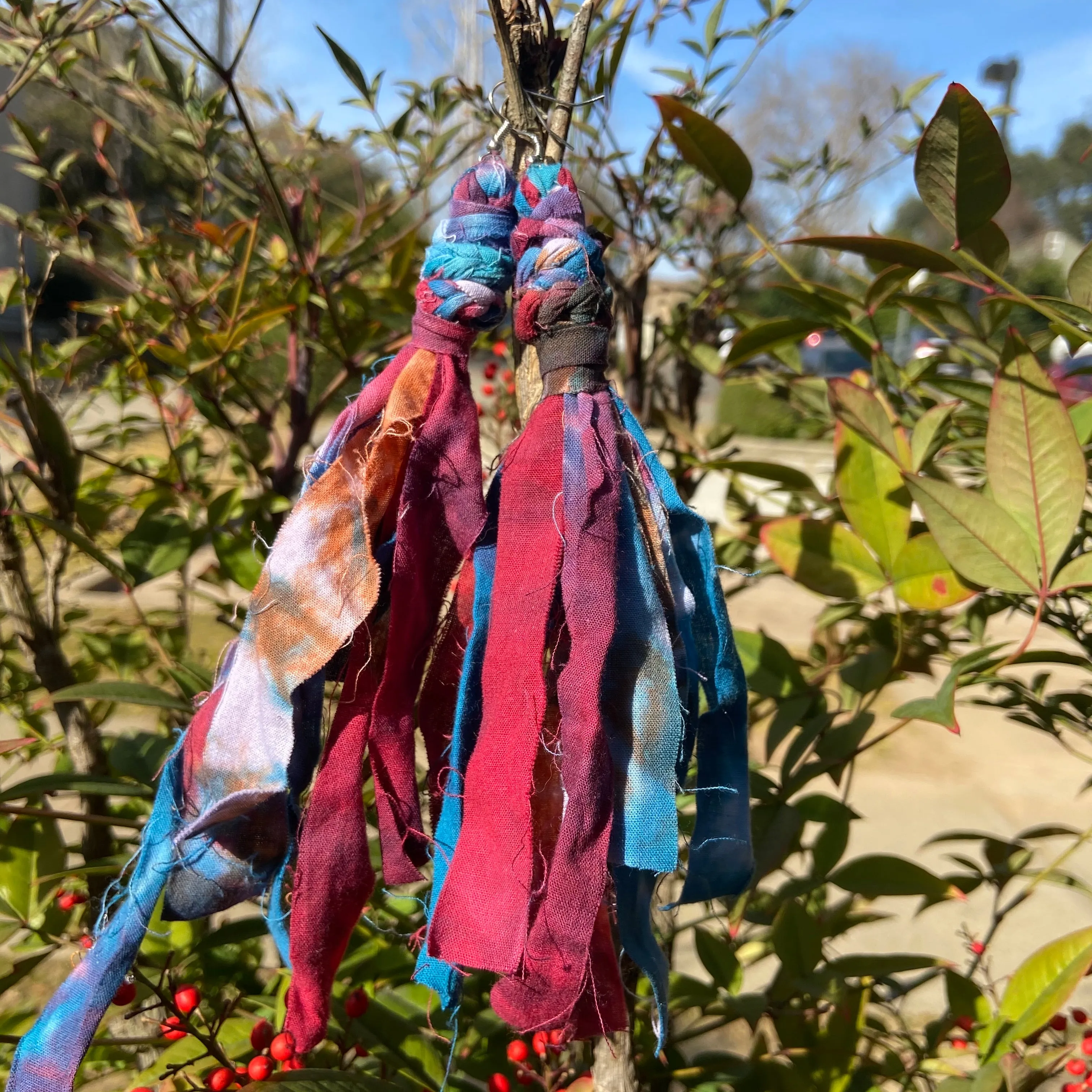 Cotton Tie Dye Bohemian Tassel Earrings Pink Berry