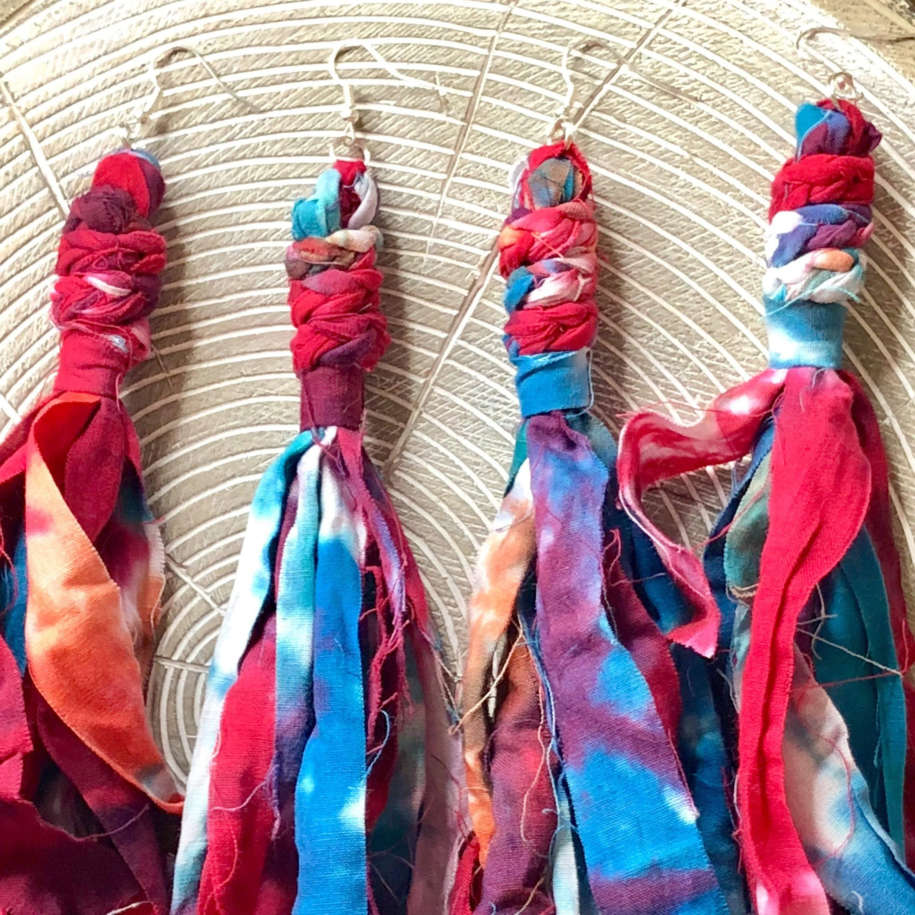 Cotton Tie Dye Bohemian Tassel Earrings Pink Berry