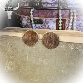 Cowhide Circle Stud Earrings - Brown