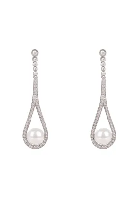 Cradled Pearl Drop Earrings Silver