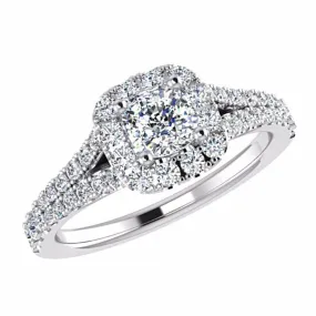 Cushion Diamond Halo Engagement Ring Split Shank Side Stone 18K Gold Setting