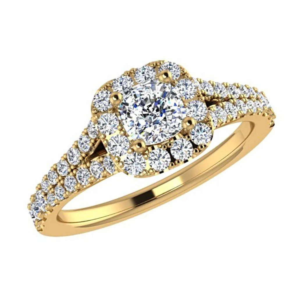 Cushion Diamond Halo Engagement Ring Split Shank Side Stone 18K Gold Setting