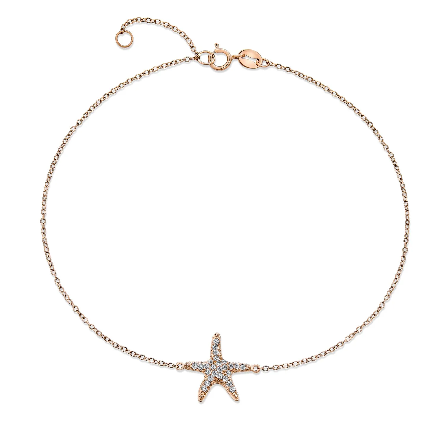 CZ Nautical Charm Starfish Anklet Rose Gold Plated .925 Sterling Silver 9-10"