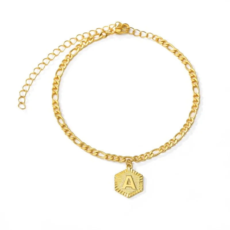 Dainty A-Z letter Anklet Hexagon Shaped Initial Ankle Bracelet Stainless Steel