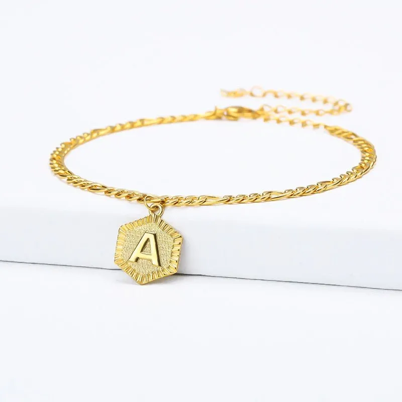 Dainty A-Z letter Anklet Hexagon Shaped Initial Ankle Bracelet Stainless Steel