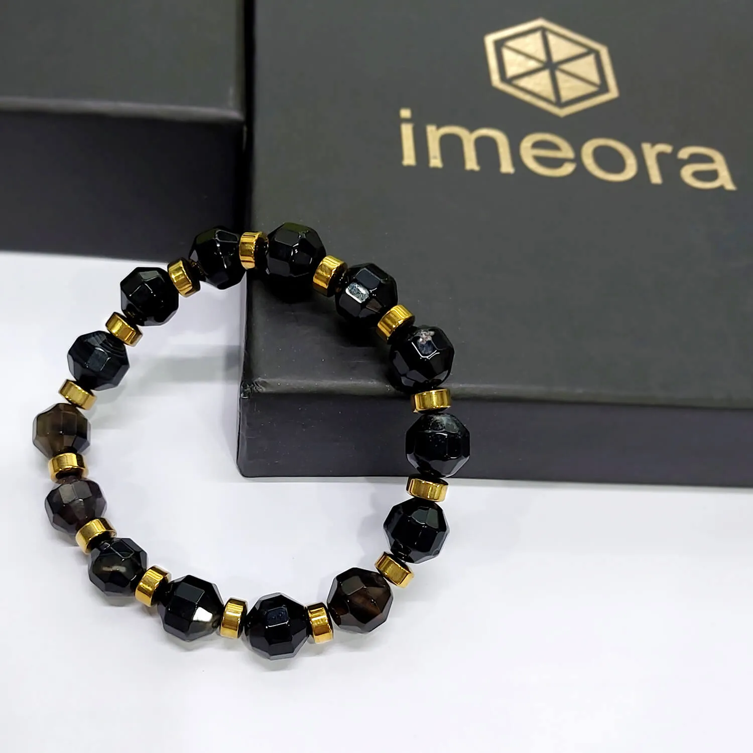 Diamond Cut Black Onyx With Golden Hematite Natural Stone Bracelet