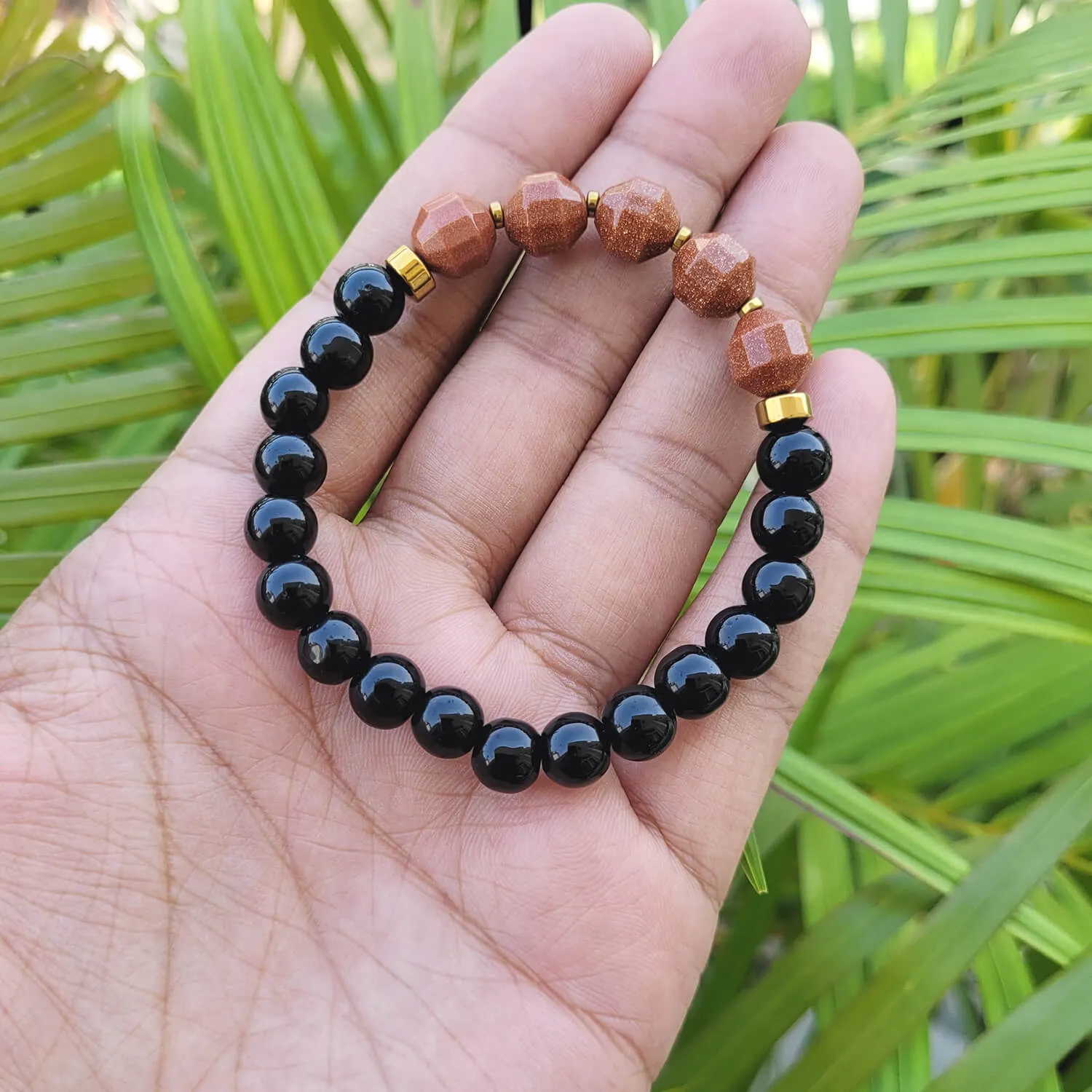 Diamond Cut Golden Sunstone With Black Obsidian And Golden Hematite Bracelet