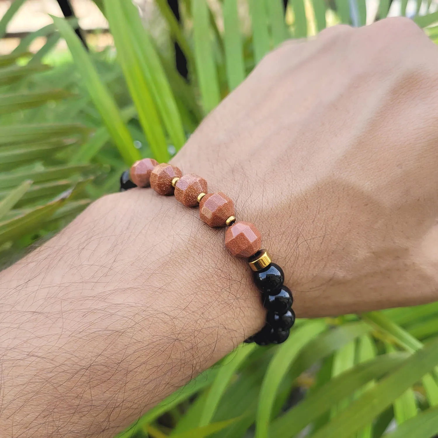 Diamond Cut Golden Sunstone With Black Obsidian And Golden Hematite Bracelet