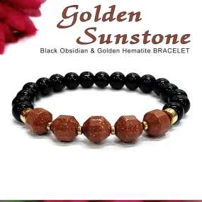 Diamond Cut Golden Sunstone With Black Obsidian And Golden Hematite Bracelet