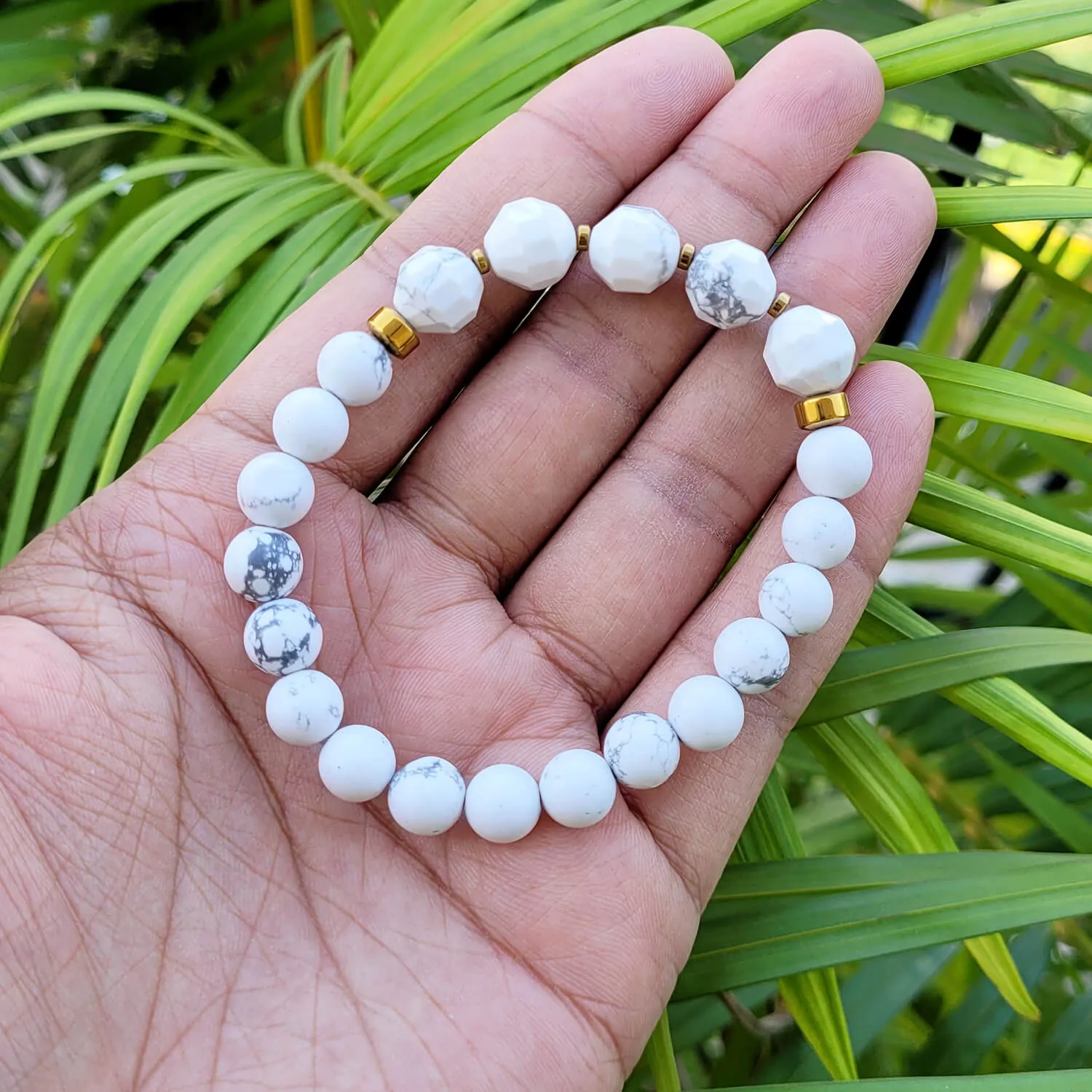 Diamond Cut Howlite With Golden Hematite Natural Stone Bracelet