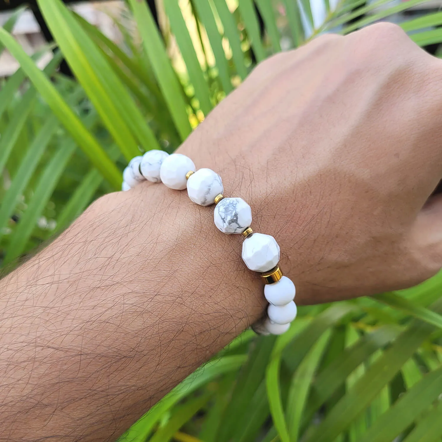 Diamond Cut Howlite With Golden Hematite Natural Stone Bracelet