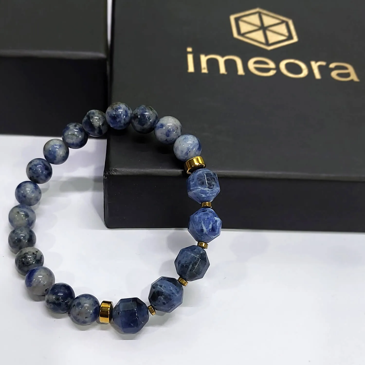 Diamond Cut Sodalite With Golden Hematite Natural Stone Bracelet