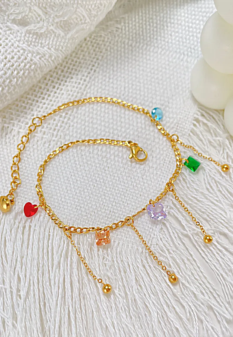 Dreamy Colorful Cubic Zirconia with Drop Chain Anklet in Gold