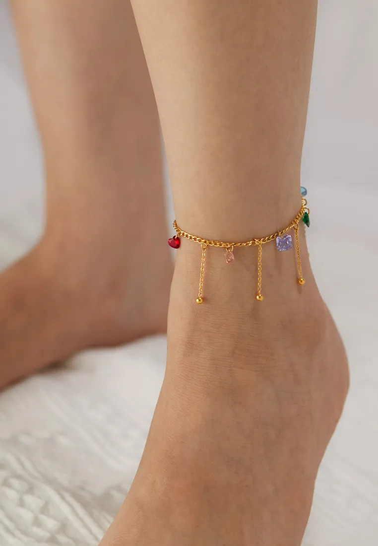 Dreamy Colorful Cubic Zirconia with Drop Chain Anklet in Gold