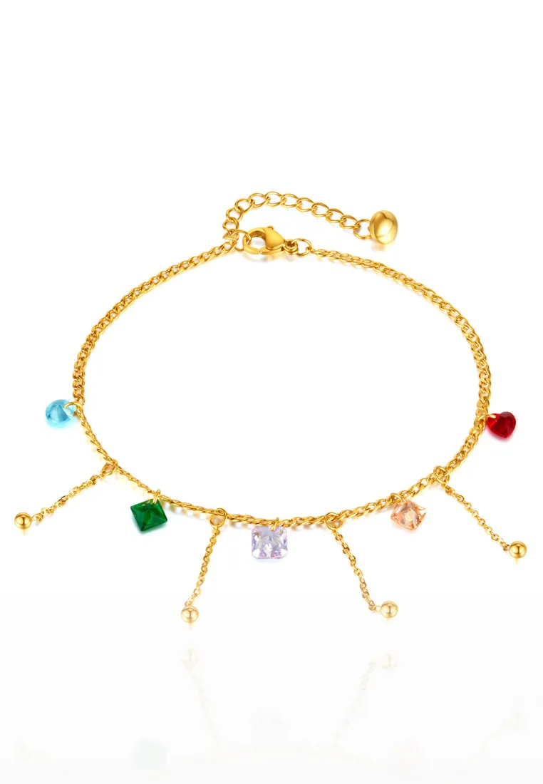 Dreamy Colorful Cubic Zirconia with Drop Chain Anklet in Gold