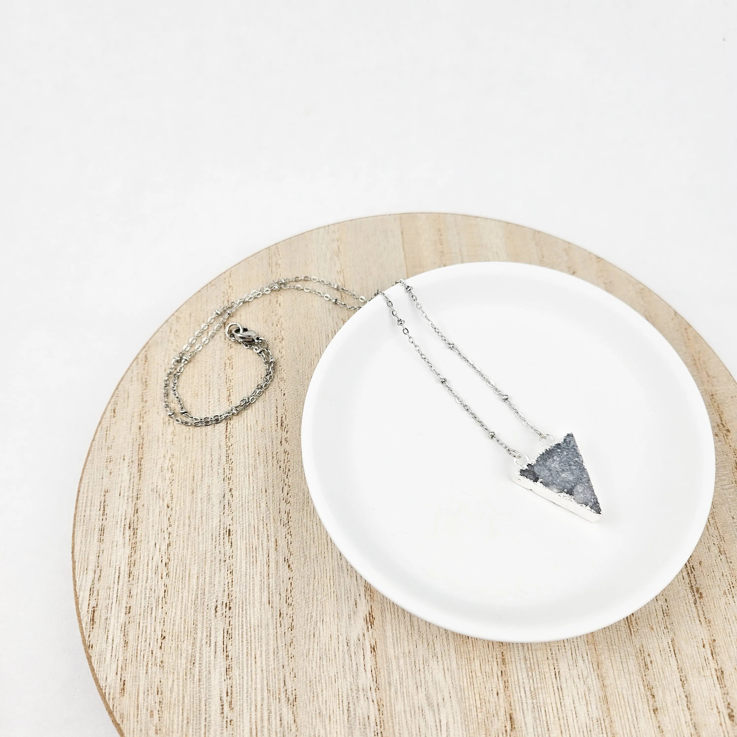 Druzy Quartz Triangle Silver Necklace