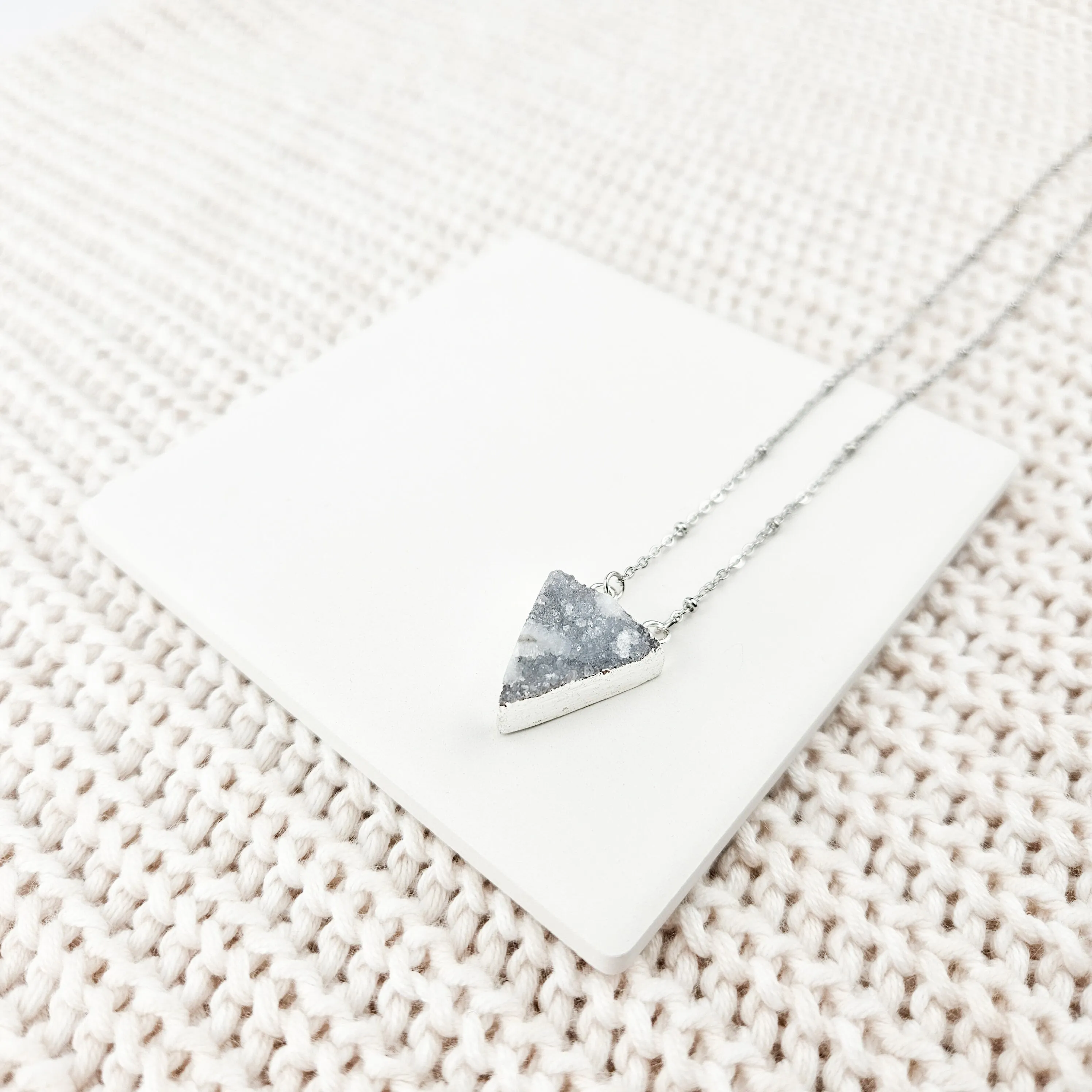 Druzy Quartz Triangle Silver Necklace