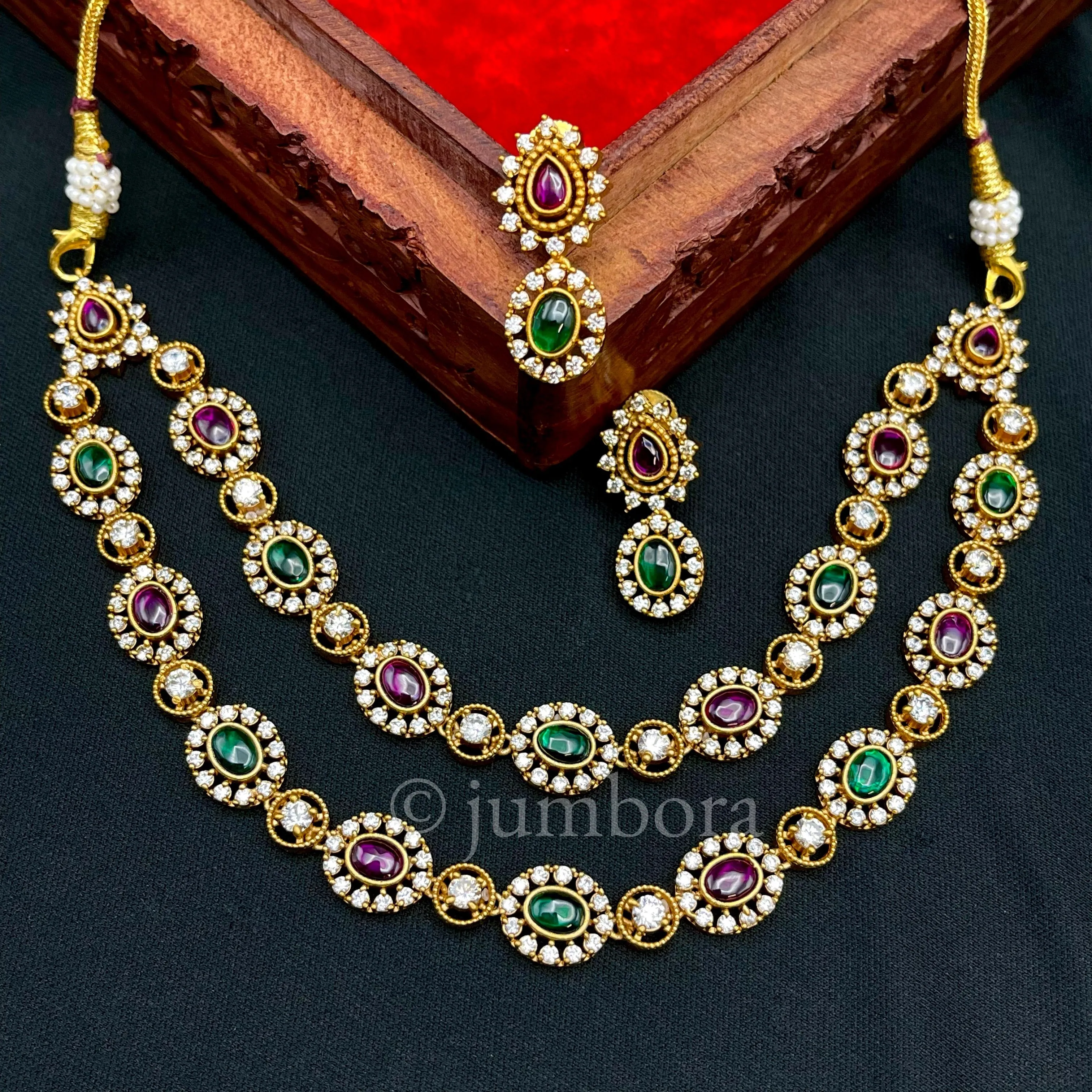 Dual Row AD Zircon (CZ) Matte Gold Kemp Necklace set