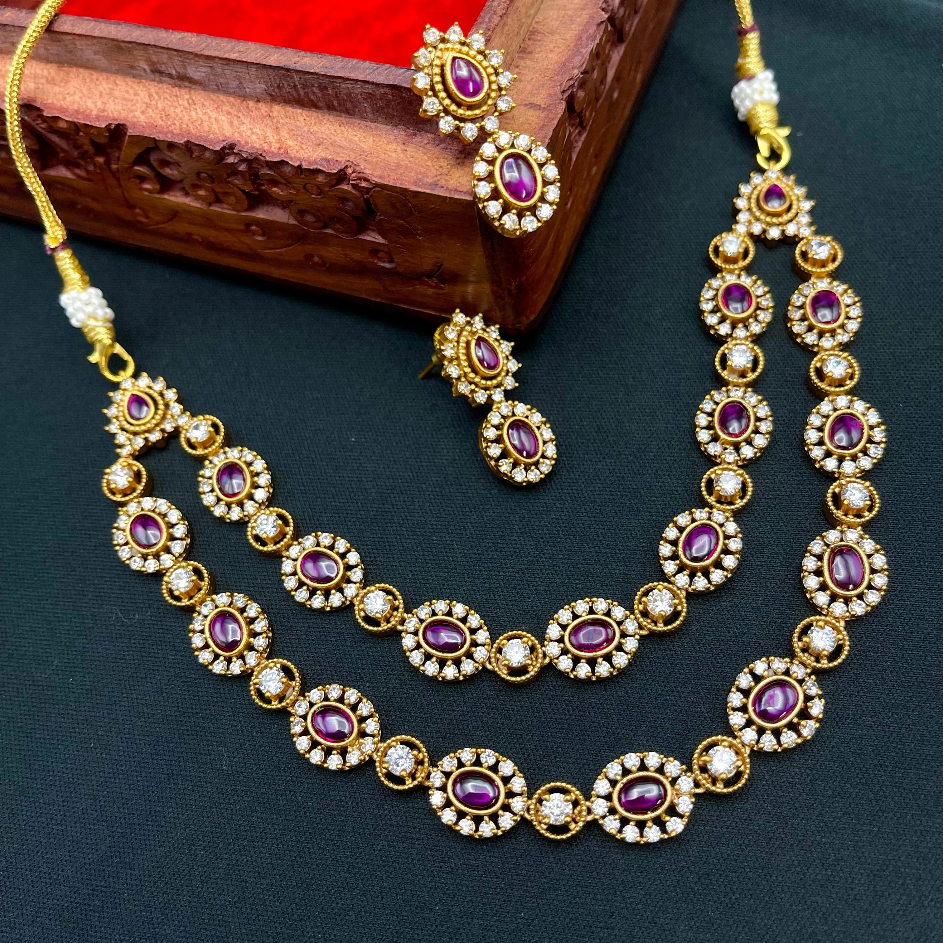 Dual Row AD Zircon (CZ) Matte Gold Kemp Necklace set