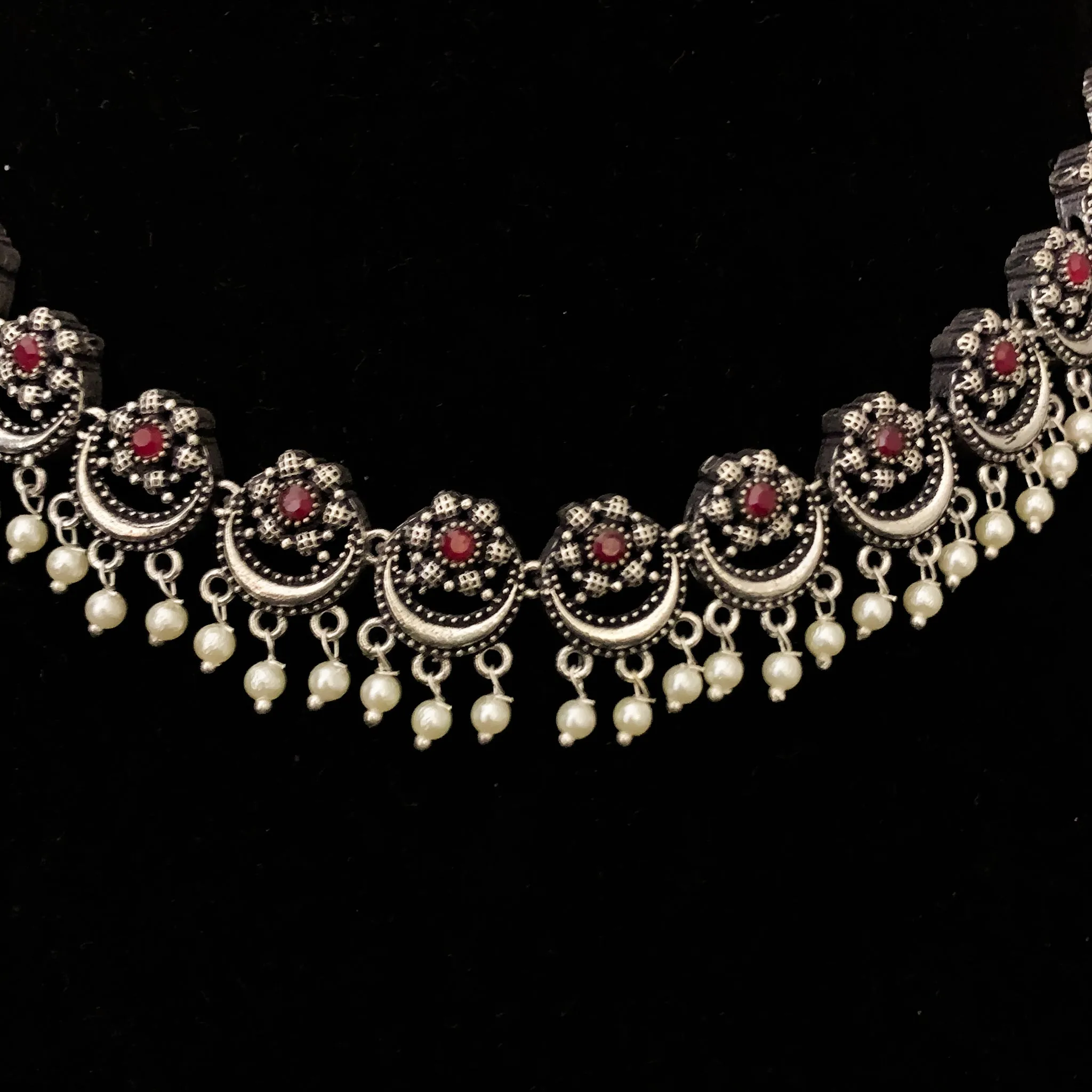 Elegant Oxidized Silver Necklace Set with Floral Motif and Pearls