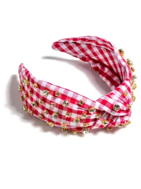 Embellished Gingham Knotted Headband - Red