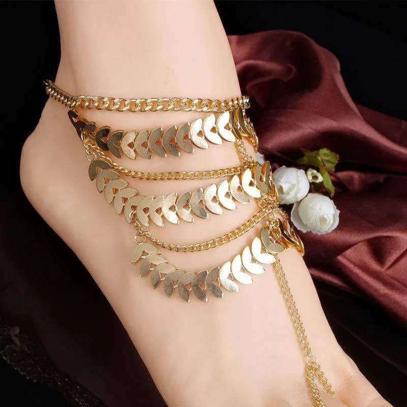 Exaggerated Multilayer Tassel Gold Color Anklet