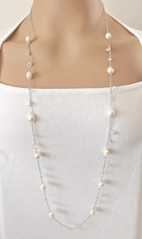 Freshwater Pearl Rhodium Chain Necklace