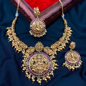 Ganesha & Lakshmi Nakshi Work Real Matte Gold Kemp Necklace Set