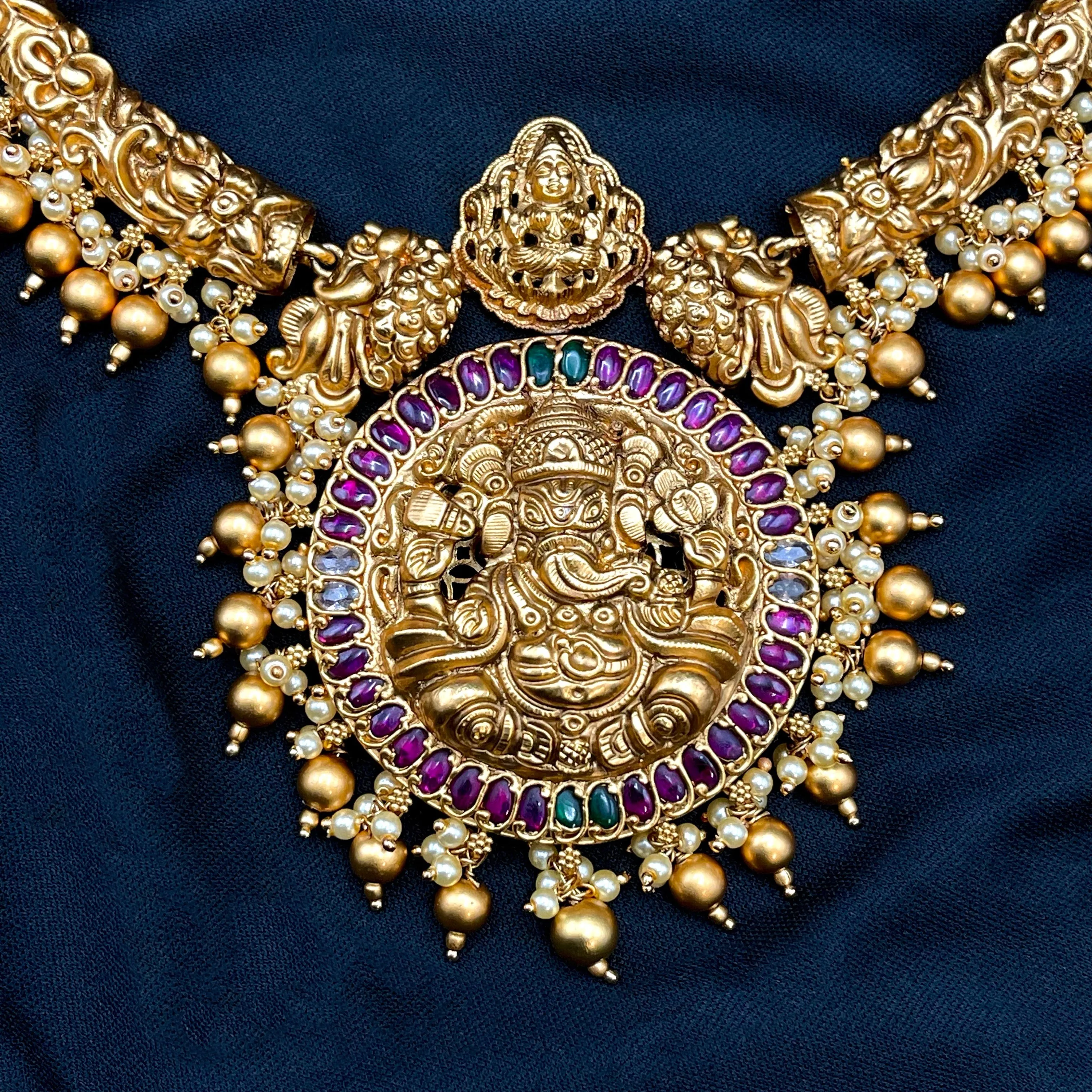 Ganesha & Lakshmi Nakshi Work Real Matte Gold Kemp Necklace Set