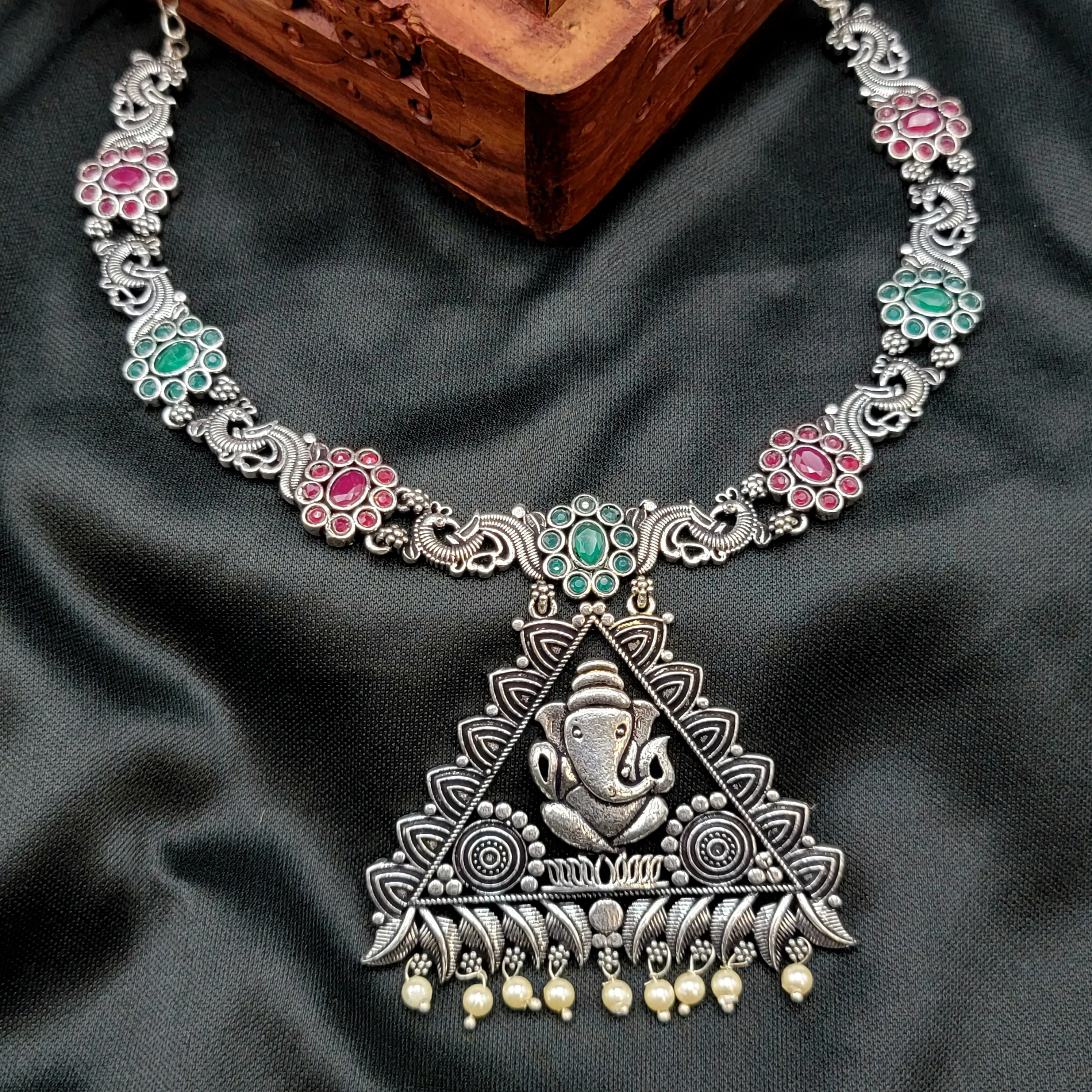 Ganesha Oxidized Silver Necklace Set