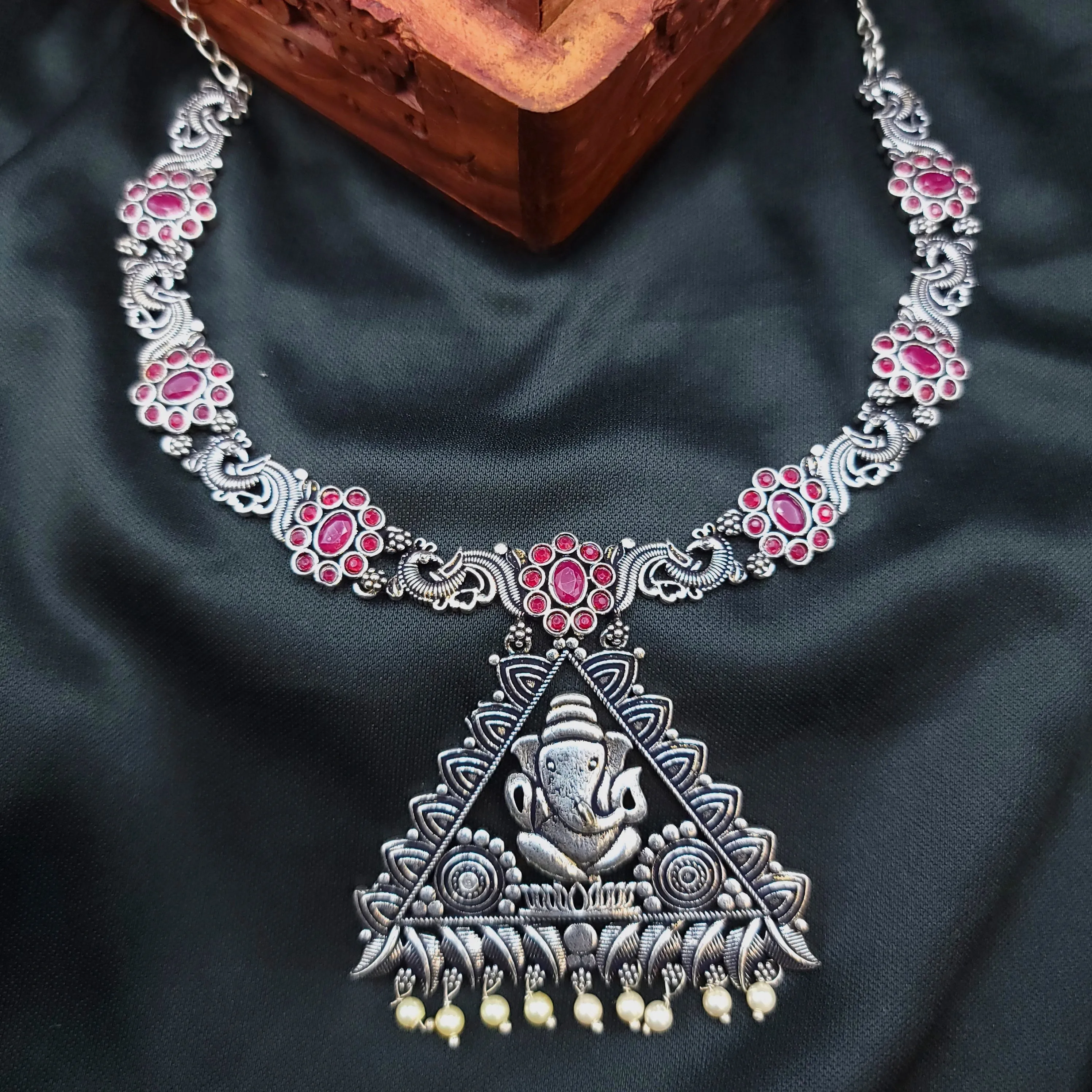 Ganesha Oxidized Silver Necklace Set